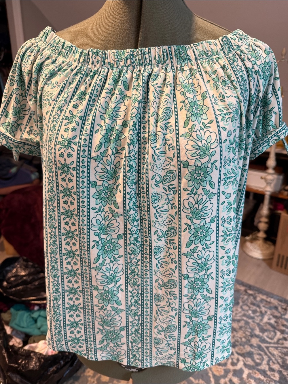Planet Gold Green Floral Stripe Off-Shoulder Top
